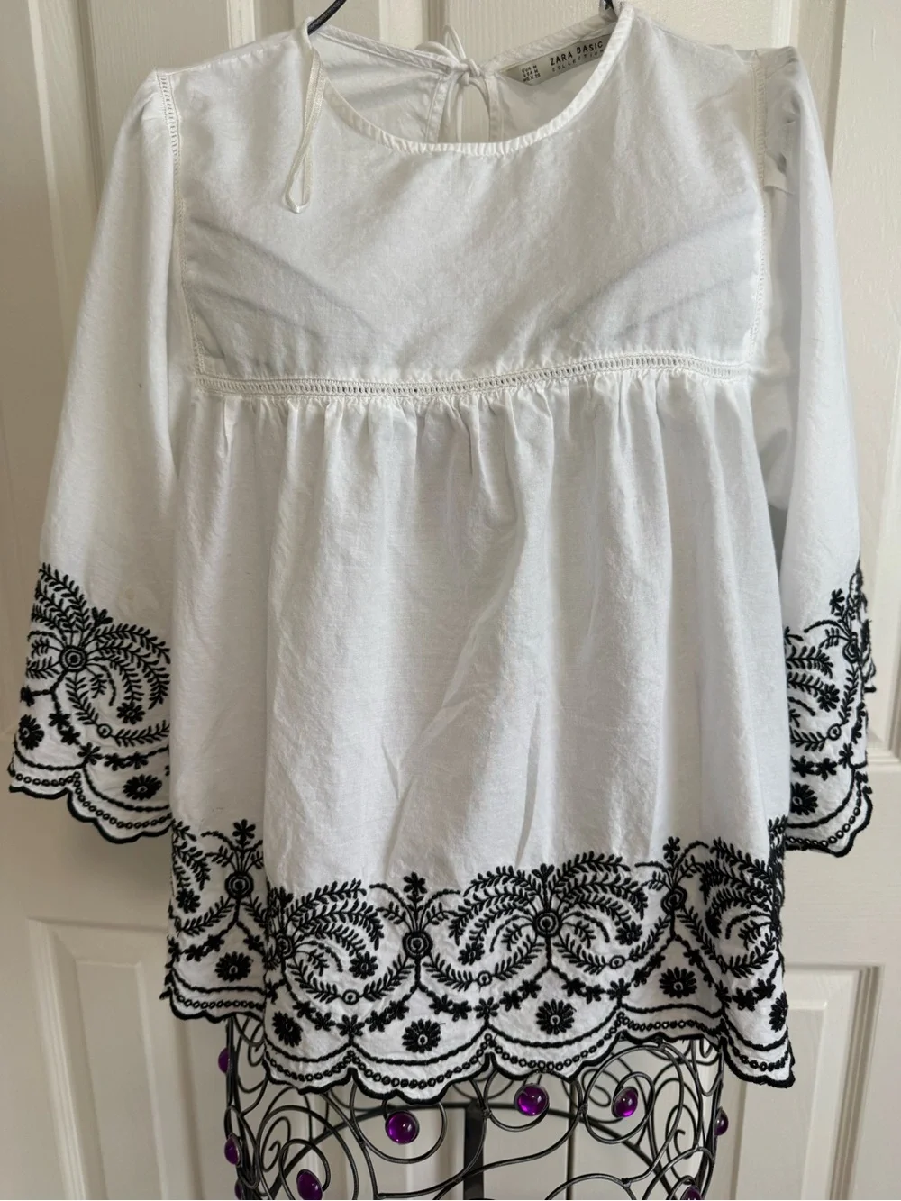 Zara White Tunic Blouse with Black Embroidered Hem